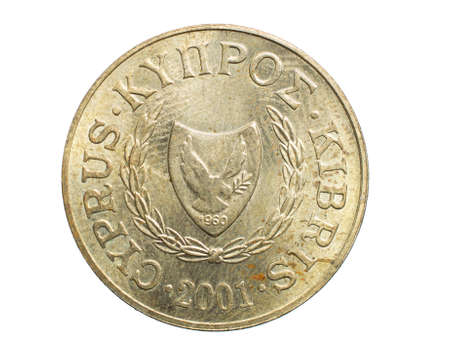 twenty cyprus cent coin on white isolated backgroundの写真素材