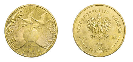 two Polish zloty coin on a white isolated backgroundの写真素材