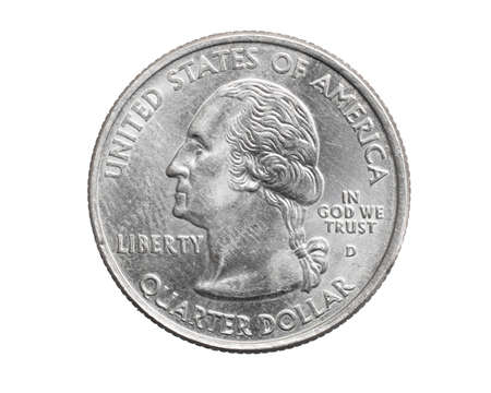 A quarter dollar coin on a white isolated backgroundの写真素材