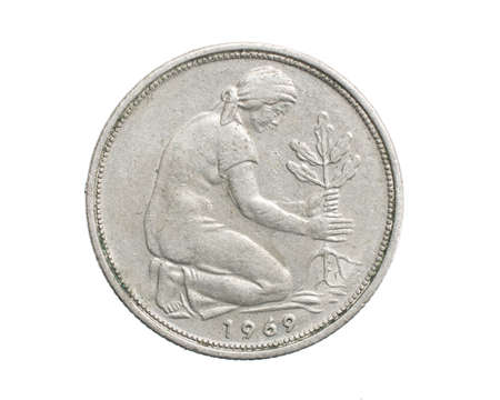 fifty germany pfennig coin on a white isolated backgroundの写真素材