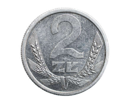 two Polish zloty coin on a white isolated backgroundの写真素材