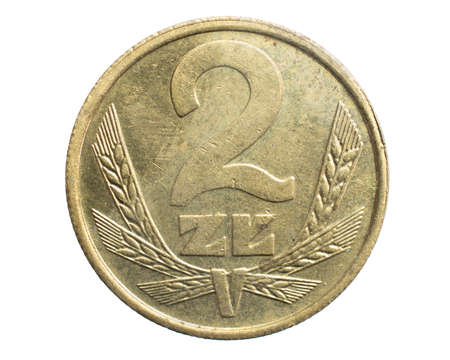 two Polish zloty coin on a white isolated backgroundの写真素材
