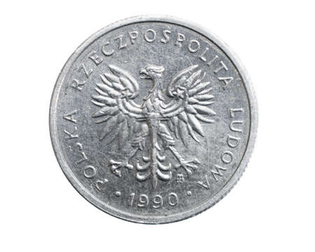 two Polish zloty coin on a white isolated backgroundの写真素材