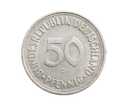fifty germany pfennig coin on a white isolated backgroundの写真素材