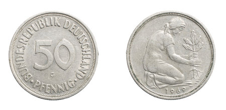 fifty germany pfennig coin on a white isolated backgroundの写真素材