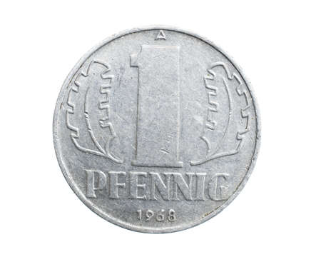 one german coin pfennig on a white isolated backgroundの写真素材