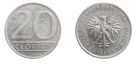 twenty Polish zloty coin on a white isolated backgroundの写真素材