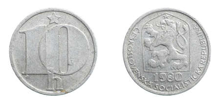 ten czechoslovakia koruna coin on white isolated backgroundの写真素材
