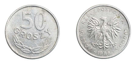 fifty polish zloty coin on a white isolated backgroundの写真素材