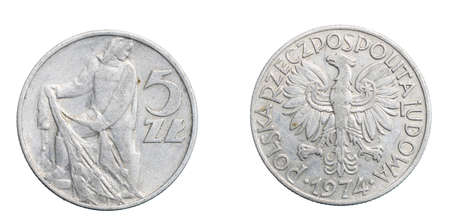 five Polish zloty coin on a white isolated backgroundの写真素材