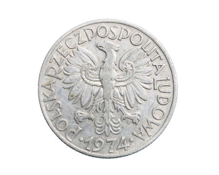 five Polish zloty coin on a white isolated backgroundの写真素材