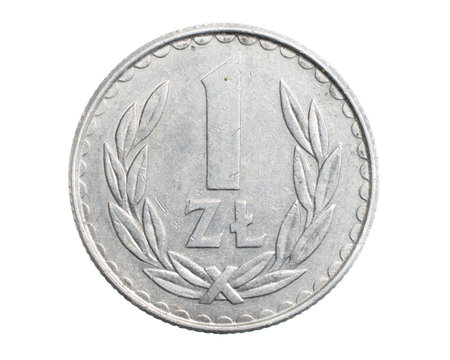 one Polish zloty coin on a white isolated backgroundの写真素材