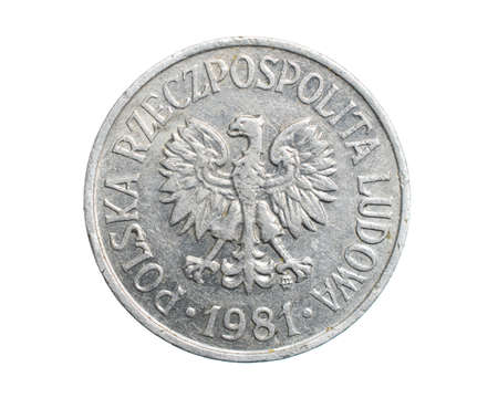 Polish twenty groszy coin on a white isolated backgroundの写真素材