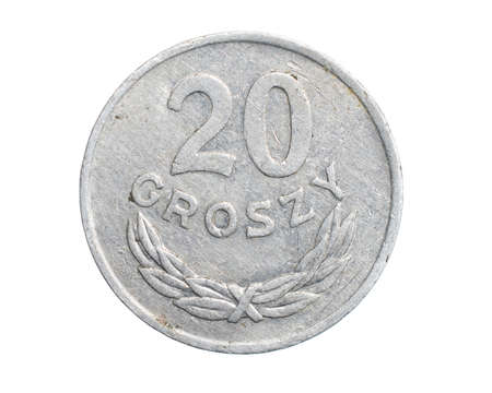 Polish twenty groszy coin on a white isolated backgroundの写真素材
