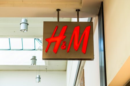 Czeladz, Poland -31.07.2020 - logo of the clothing company H&M in Czeladzのeditorial素材
