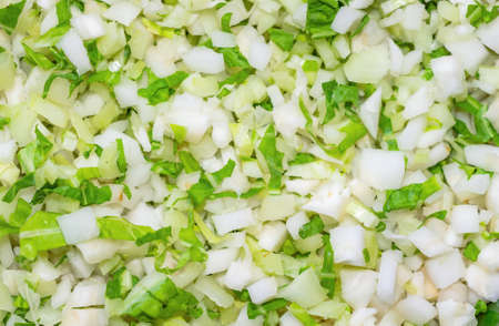 chopped cabbage into small cubes. background or textureの写真素材