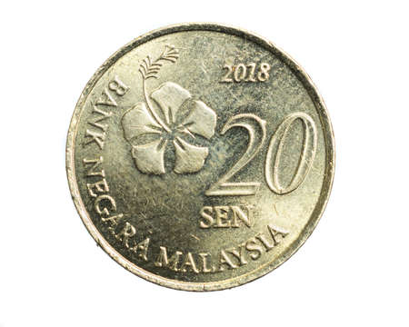 Malaysia twenty sen coin on a white isolated backgroundの写真素材
