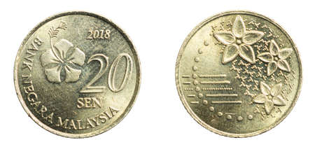 Malaysia twenty sen coin on a white isolated backgroundの写真素材