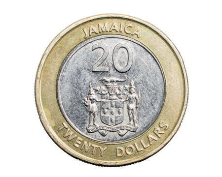 jamaica twenty dollar coin on white isolated backgroundの写真素材
