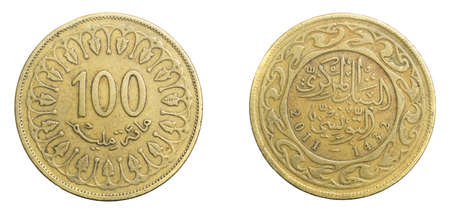 Tunisia one hundred millim coin on white isolated backgroundの写真素材