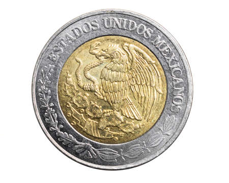 Mexicans one peso coin on a white isolated backgroundの写真素材