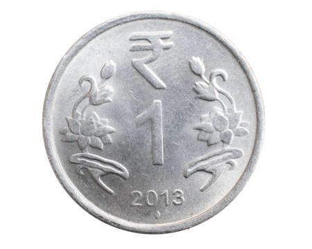 India one rupee coin on white isolated backgroundの写真素材