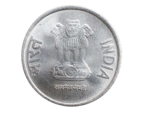 India one rupee coin on white isolated backgroundの写真素材