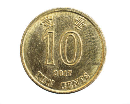 Hong Kong ten cents coin on white isolated backgroundの写真素材
