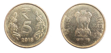 India five rupees coin on white isolated backgroundの写真素材
