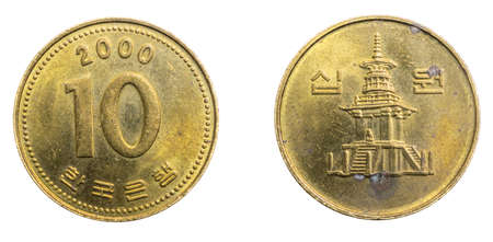 South Korea ten won coin on a white isolated backgroundの写真素材