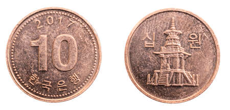 South Korea ten won coin on a white isolated backgroundの写真素材