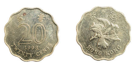 Hong Kong twenty cent coin on white isolated backgroundの写真素材