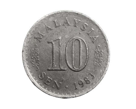 Malaysia ten sen coin on a white isolated backgroundの写真素材