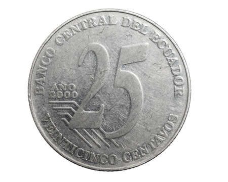 Ecuador twenty five centavos coin on a white isolated backgroundの写真素材