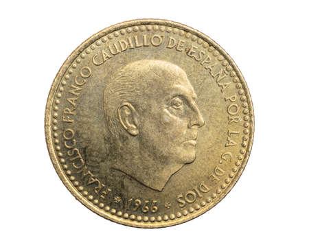 Spain one peseta coin on white isolated backgroundの写真素材