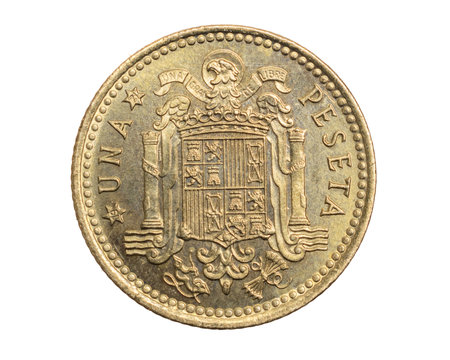 Spain one peseta coin on white isolated backgroundの写真素材