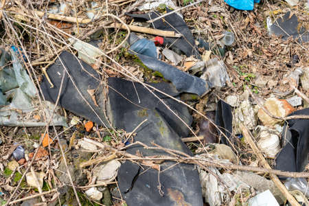 wild garbage dump. residual glass, plastics in the forest