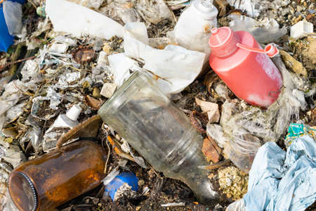 wild garbage dump. residual glass, plastics in the forestの写真素材