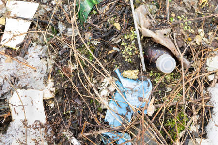 wild garbage dump. residual glass, plastics in the forestの写真素材