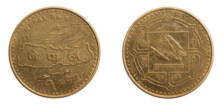 Nepal one rupee coin on a white isolated backgroundの写真素材
