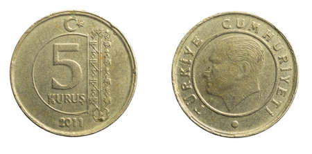Turkey five kurus coin on a white isolated backgroundの写真素材