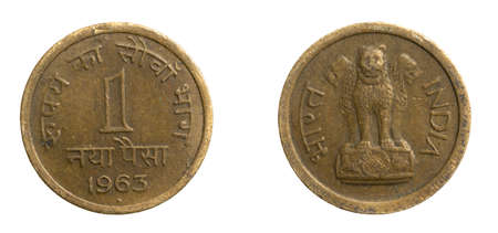 India one paise coin on white isolated backgroundの写真素材