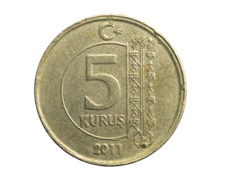 Turkey five kurus coin on a white isolated backgroundの写真素材