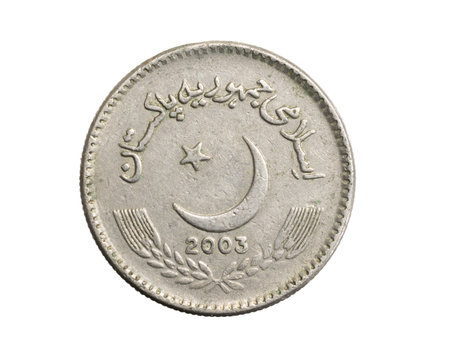 Pakistan five rupee coin on a white isolated backgroundの写真素材