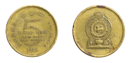 Sri Lanka five rupee coin on a white isolated backgroundの写真素材