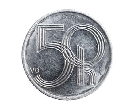 czechoslovakia fifty hellers coin on white isolated backgroundの写真素材