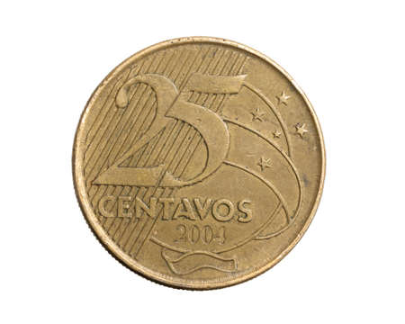 Brazil twenty five centavos coin on a white isolated backgroundの写真素材