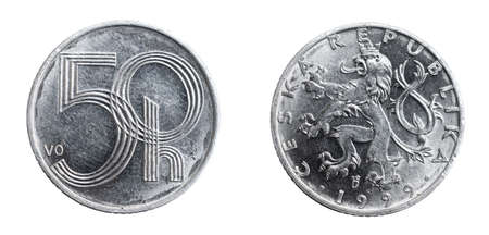 czechoslovakia fifty hellers coin on white isolated backgroundの写真素材