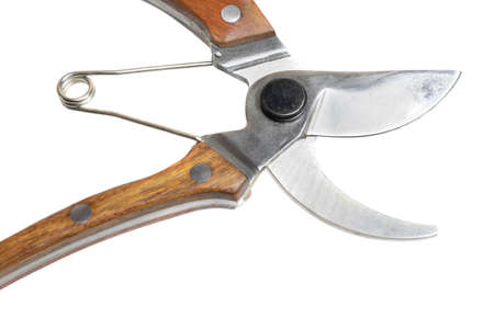 secateurs with brown handle on a white isolated backgroundの写真素材