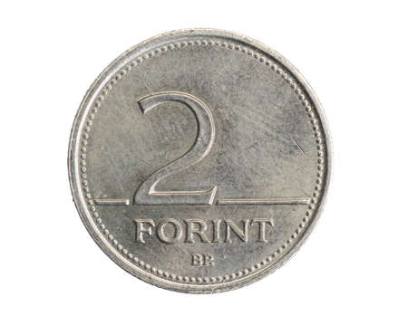hungary two forints coin on white isolated backgroundの写真素材